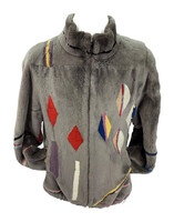 Mens Gray Shear Fur Jacket with Bright Colored Geometric Shape Patterns Size L/M