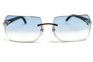 CARTIER - Silver & Black Buffalo Horn Rimless Sunglasses w/Blue Lenses