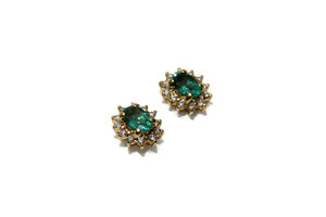 Emerald and Diamond Stud Earrings - 18K Yellow Gold - .25" / 2.70g