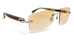 CARTIER - Silver & Brown Buffalo Horn Rimless Sunglasses w/Yellow Lenses