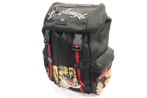 GUCCI - Techno Canvas Black Backpack w/Embroidered Tiger & Flower Appliques 