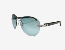 CARTIER - Silver & Black Buffalo Horn Aviator Sunglasses w/Blue Lenses