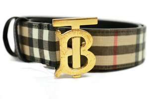 BURBERRY - Beige Check Canvas & Black Leather Belt w/Gold TB Buckle - 28-Inch