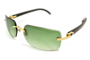 CARTIER - Black Buffalo Horn Rimless Sunglasses w/Green Rectangular Lenses