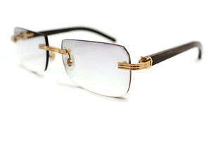CARTIER - Gold & Black Buffalo Horn Rimless Sunglasses w/Smoke Lenses
