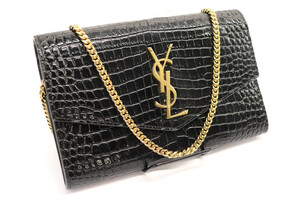 SAINT LAURENT YSL Monogram Pouch Black Croc Embossed Calfskin Bag Gold Chain