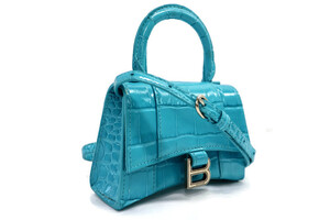 BALENCIAGA - Shiny Leather Crocodile Embossed Turquoise HOURGLASS MINI Bag