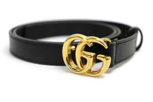 GUCCI - GG Marmont Thin Leather Belt with Shiny Gold Buckle - 33-Inch
