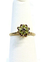 Vintage Green Colored Stones Ring with Diamond Chips - 10K Yellow Gold - 1.70g