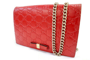 GUCCI - Guccissima Hibiscus Red Leather GG Mini Chain Wallet / Crossbody Bag