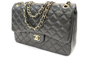 CHANEL - Black Quilted Lambskin Leather Classic DOUBLE FLAP JUMBO Shoulder Bag