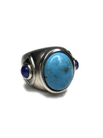   .925 Silver Band with Large Turquoise Center w/ Eye Blue Side Round Stones 