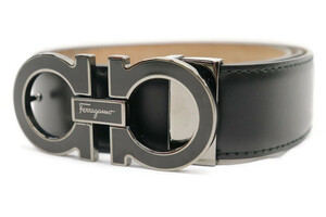 FERRAGAMO - Gancini Black Leather Belt w/ Black Buckle - 38 Inch