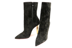 LOUBOUTIN - LIPBOOTY Black Suede Ankle Boots w/Gold Lipstick Heel - US Size 9