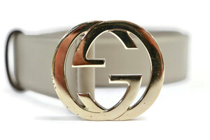 GUCCI - Gray Leather GG Goldtone Buckle Belt - Size 36
