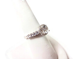 Sterling Silver Halo Ring w/Center Round Cubic Zirconia + CZs on Band