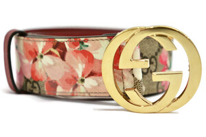 GUCCI - GG Buckle BLOOMS Print Rose Leather Ladies Belt - Size 34