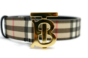 BURBERRY - Check Thin Leather & Canvas Belt w/Goldtone TB Buckle - M 33-Inch