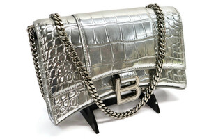 BALENCIAGA - Silver Crocodile Embossed Leather Hourglass Wallet on Chain