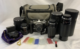 Olympus OM-1 35mm Film Camera, 4 Lens, Motor Drive Acces. Vivatar Flash & Bag