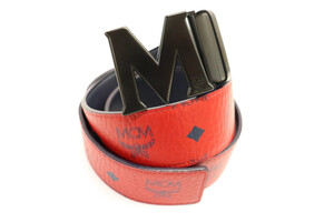 MCM - Red Visetos / Black Leather Reversible Belt w/Black Logo Buckle - 39-Inch