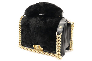 CHANEL - Orylag Rabbit Fur Medium BOY FLAP Black Leather Bag
