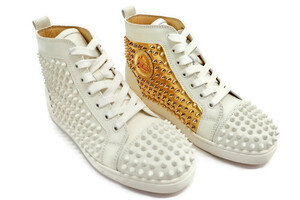 LOUBOUTIN - Women's LOU SPIKES White/Gold Leather High Top Sneakers  - Size 8 US