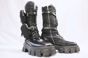PRADA Monolith Dual Pouch Tall Combat Boots Black Leather EU 39 Lug Sole