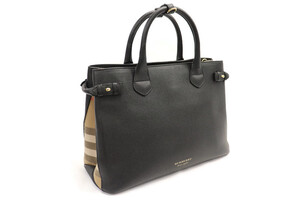 BURBERRY -  Black Leather House Check MEDIUM BANNER Derby Tote