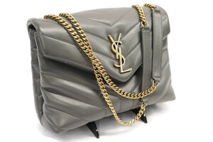 SAINT LAURENT - Small Quilted Gray Leather LOULOU Shoulder Bag w/Gold Hardware