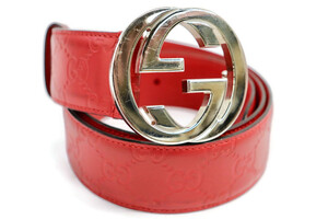 GUCCI - GG Marmont Embossed Red Leather Belt w/Silver GG Buckle - Size 36