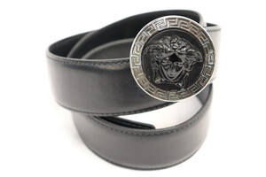 VERSACE - La Medusa Round Buckle Black Leather Belt - Size 36