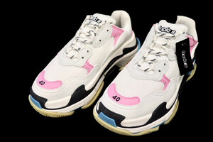 BALENCIAGA Triple S Leather-Free Full Washed Sneakers Pink/White/Blue - Size 40