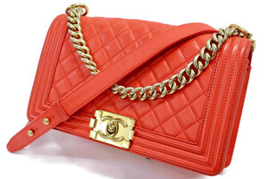 CHANEL Boy Red/Orange Quilted Lambskin Crossbody Bag w/ Gold HW - Very Good
