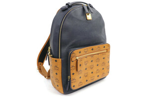 MCM - Men's Stark Visetos Leather Mix BACKPACK - Navy Blue / Cognac