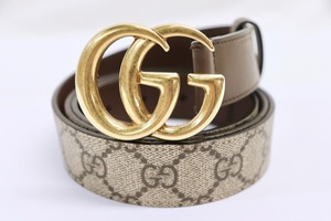 GUCCI GG Monogram Belt Womens 110/44 Beige Canvas Gold Buckle