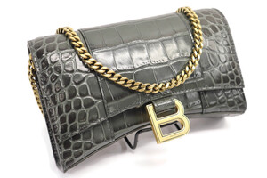 BALENCIAGA Hourglass Chain Wallet Croc Embossed Gray Leather w/ Dust Bag & Tags 