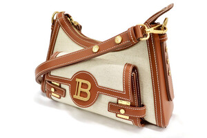 BALMAIN - B-Buzz HOBO Bag Off-White Linen & Brown Leather w/Dustbag 
