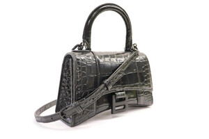 BALENCIAGA - Black Crocodile Embossed Leather Hourglass Handbag