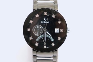 BULOVA Mens Black Stainless Steel 40mm Diamond Accents Chronograph Watch 98D109