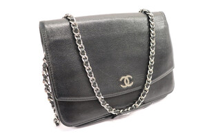 CHANEL Sevruga Wallet On Chain - Black Leather Silver Hardware Crossbody WOC