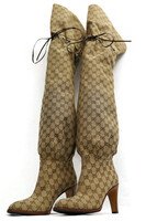 GUCCI Thigh-High GG Canvas Boots Size 41, 4" Stacked Heel - Excellent Condition
