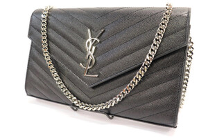 YSL Black Chevron Grained Leather Wallet on Chain Flap Bag - Mint Condition
