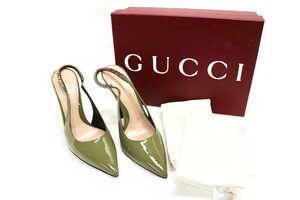 GUCCI Charlotte Olive Patent Slingback Pumps Gold Chain Heel EU41 US11