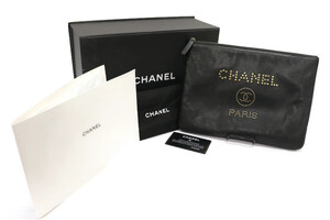 CHANEL Black Grained Leather Studded Logo Clutch Pouch Gold HW Auth Card