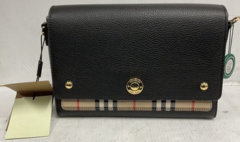 Burberry Black Pebbled Leather and Vintage Check Note Crossbody Bag