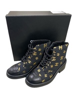 CHANEL Lambskin Shearling Canvas CC Lace Up Boots Black Gold Size39 K4942