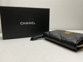 CHANEL Lambskin Quilted Chanel Zip Around Coin Purse Wallet Black 