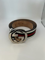 GUCCI Silver Interlocking G Buckle Sherry Line Canvas Leather Belt With Dust Bag