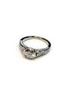 14K White Gold Ring with Center Bezel Set Round Diamond & Filigree Diamond Band 